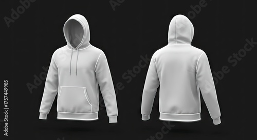 Two gray hoodies against a dark backdrop showcasing front and back views with detailed outlines
