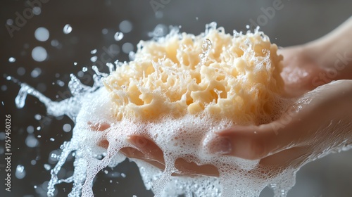 Closeup of bubbly soap foam on a textured loofah sponge in hand, water splashing gently, realistic and inviting