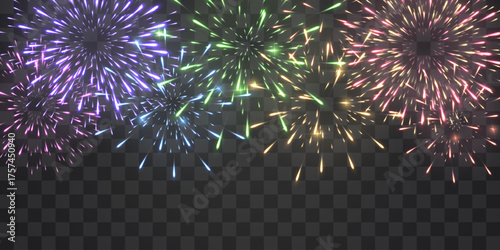 Festive fireworks with brightly shining sparks. New Year's Eve fireworks. Realistic sparks and explosions. Colorful pyrotechnics show. Vector isolated on png background.