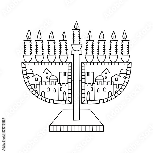 Hanukkah menorah, or hanukkiah. Symbol of the Jewish holiday Hanukkah. Doodle vector illustration. Isolated on a white background.