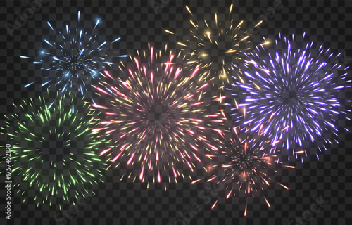 Festive fireworks with brightly shining sparks. New Year's Eve fireworks. Realistic sparks and explosions. Colorful pyrotechnics show. Vector isolated on png background.