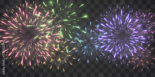 Festive fireworks with brightly shining sparks. New Year's Eve fireworks. Realistic sparks and explosions. Colorful pyrotechnics show. Vector isolated on png background.
