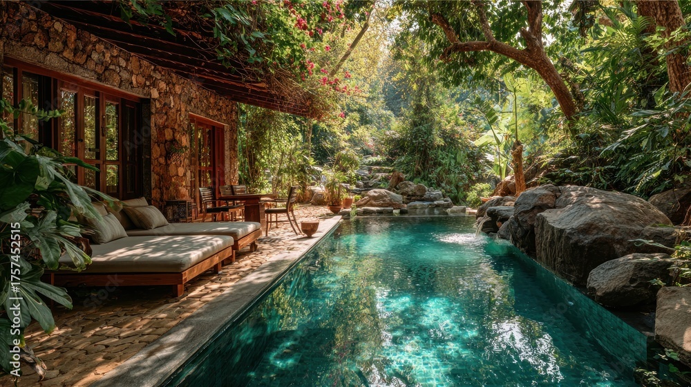 Naklejka premium Serene Jungle Oasis: Luxury Villa with Infinity Pool Amidst Lush Tropical Foliage