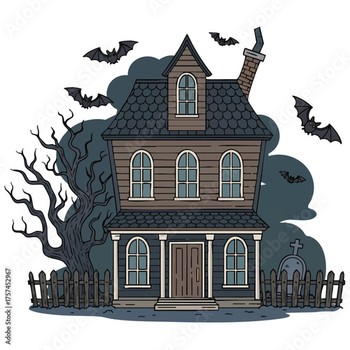 Detailed Halloween haunted house with a bare tree, flying bats, and atmospheric shadows for party invites and posters