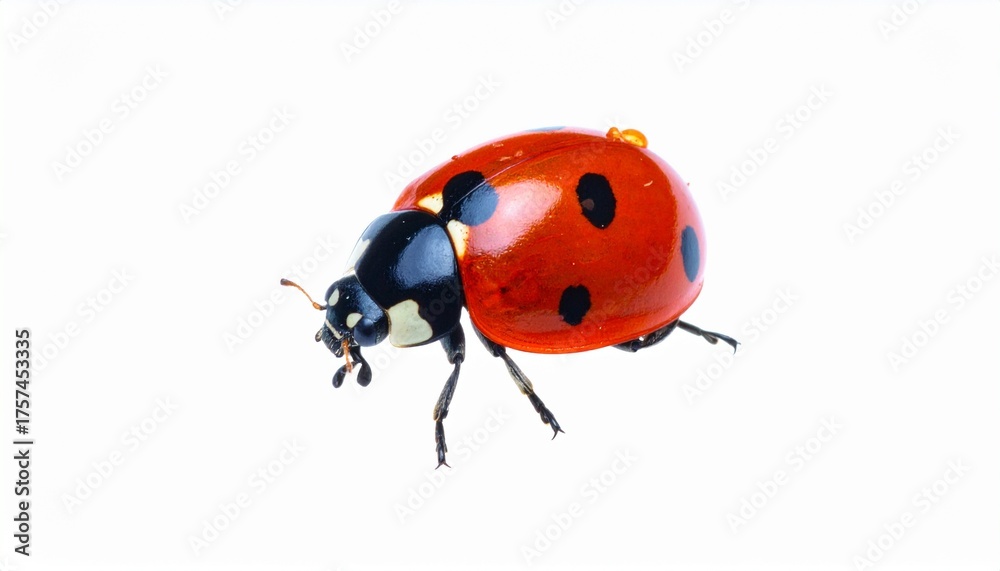 Fototapeta premium Isolated Ladybug on Bright Background an Insect with Red Shell and Black Spots Pattern