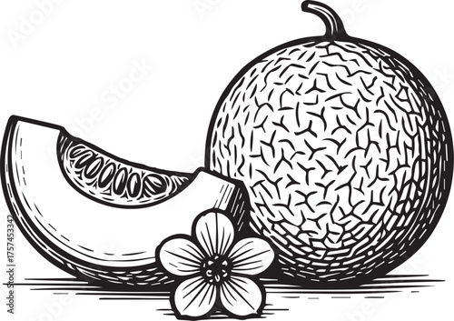 Cantaloupe melon with slice and flower black and white etching illustration for fruit product packaging and label design