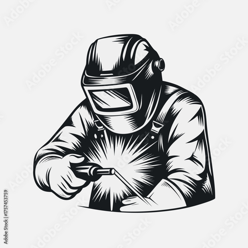 Future cyborg woman welder in a black futuristic protective suit and helmet, with a 3D android head illustration