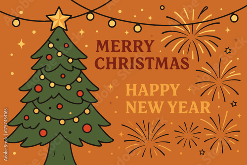 Festive christmas tree and fireworks illustration with merry christmas and happy new year greetings