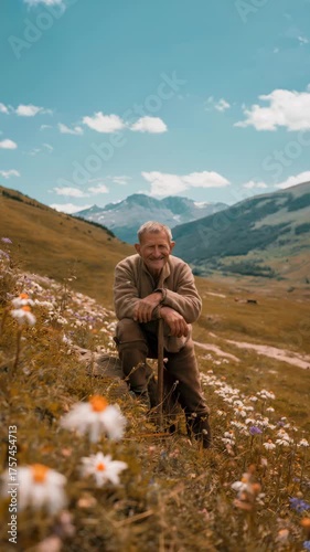 A senior man resting on a stick in a mountain meadow with flowers