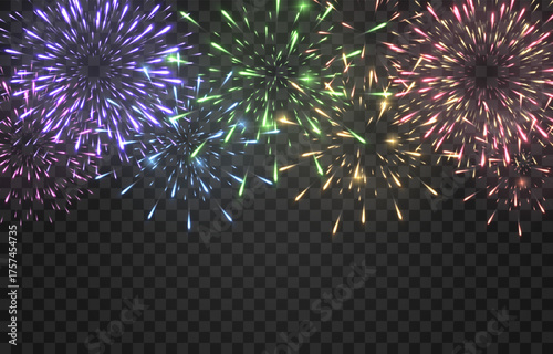Festive fireworks with brightly shining sparks. New Year's Eve fireworks. Realistic sparks and explosions. Colorful pyrotechnics show. Vector isolated on png background.