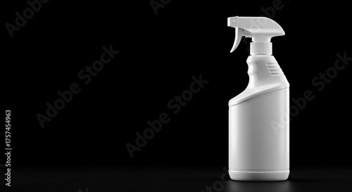White spray bottle against black backdrop handle to the right poised on a flat surface