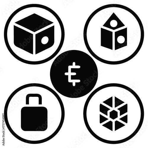 Minimalist vector design featuring cryptography security and decentralized technologies