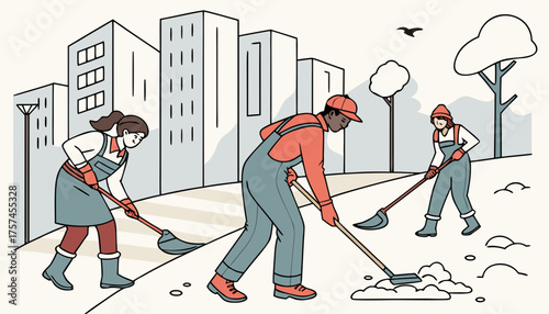 cleaners team using different equipment and tools snow removal concept mix race men women in uniform cleaning urban residential area cityscape background flat full length horizontal in a heavy snow