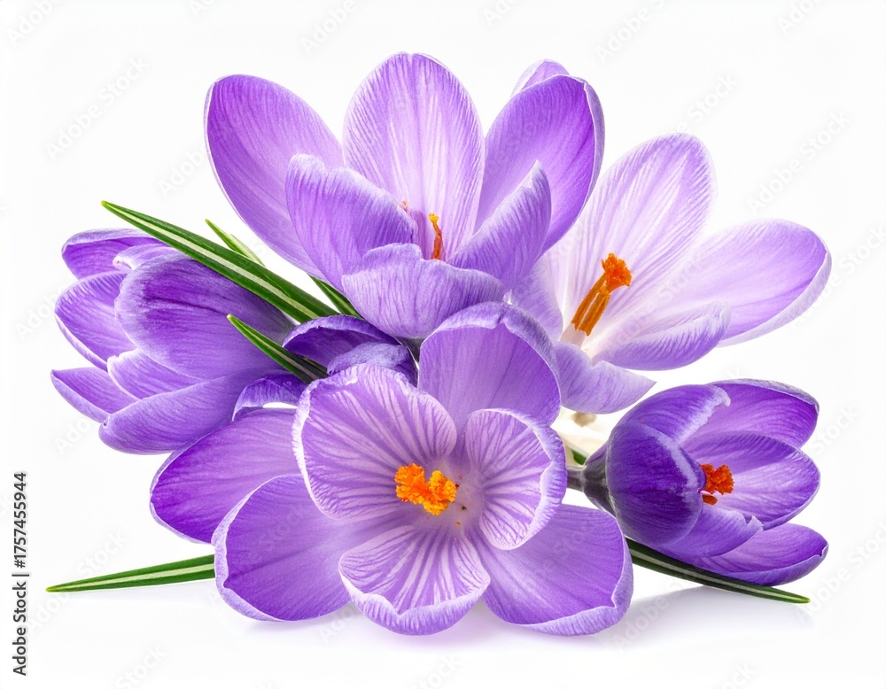Obraz premium Spring flowers - a bouquet of beautiful purple crocus flowers with leaves isolated on