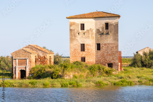 Italy, Comacchio lagoon with blue sky. Panorama with country.