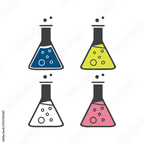 Four colorful beakers with bubbles representing scientific experiments and chemistry