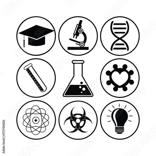 Collection of scientific icons graduation cap microscope dna flask heart biohazard light bulb atom