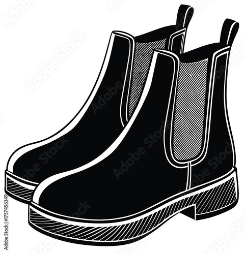 A detailed black and white illustration of classic elastic-sided Chelsea boots, featuring a sturdy winter version design with thick soles