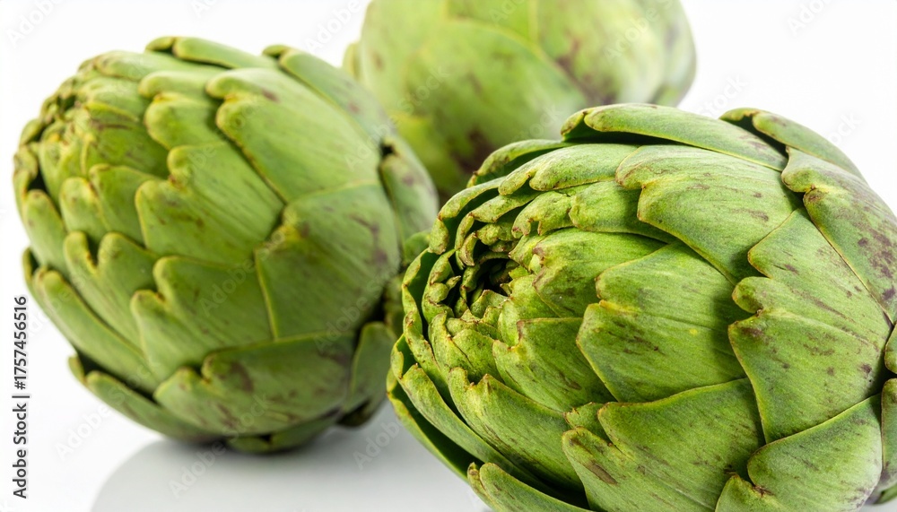 Fototapeta premium Two fresh raw artichokes isolated on white background. Top view.