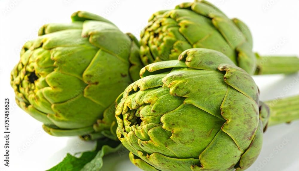 Fototapeta premium Two fresh raw artichokes isolated on white background. Top view.
