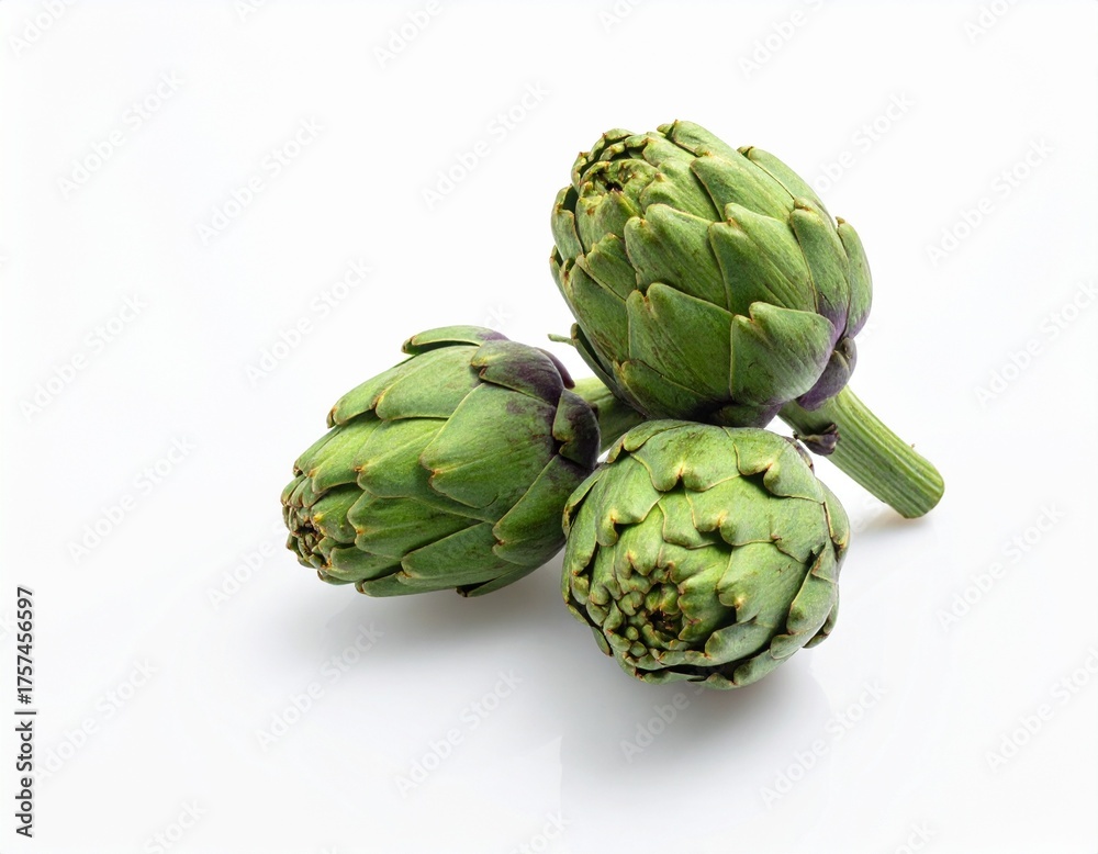 Obraz premium Two fresh raw artichokes isolated on white background. Top view.