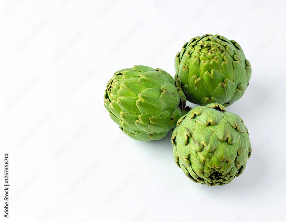 Obraz premium Two fresh raw artichokes isolated on white background. Top view.