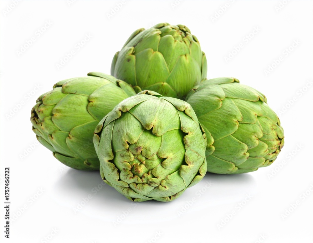 Obraz premium Two fresh raw artichokes isolated on white background. Top view.