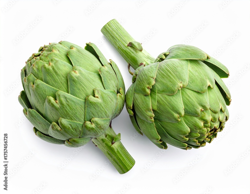 Fototapeta premium Two fresh raw artichokes isolated on white background. Top view.