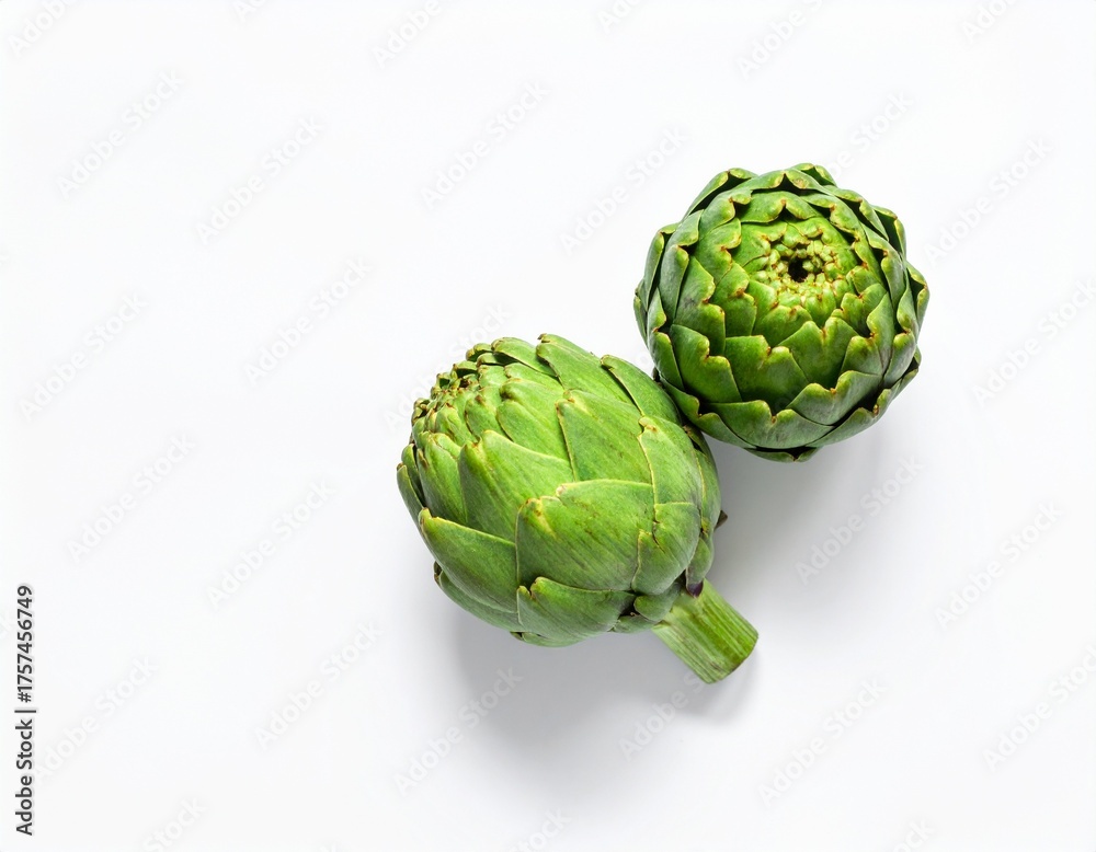 Fototapeta premium Two fresh raw artichokes isolated on white background. Top view.