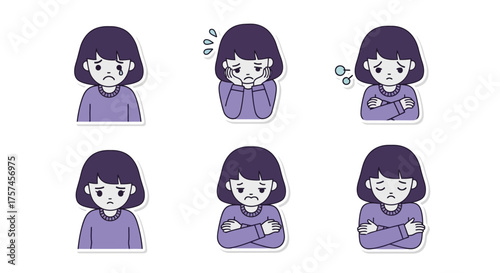 A relatable flat design sticker set featuring a cute girl character expressing various sad and slightly upset emotions. This vector illustration captures common feelings of disappointment.