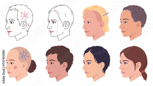 Cartoon vector illustration set of different faces of people with various expressions and hairstyles