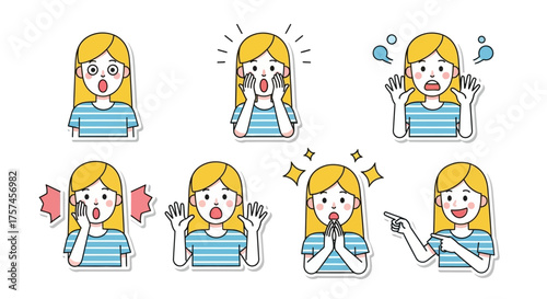 A delightful flat design sticker set featuring a cute girl character expressing various surprised and awestruck emotions. This vector illustration is perfect for moments of discovery or excitement.