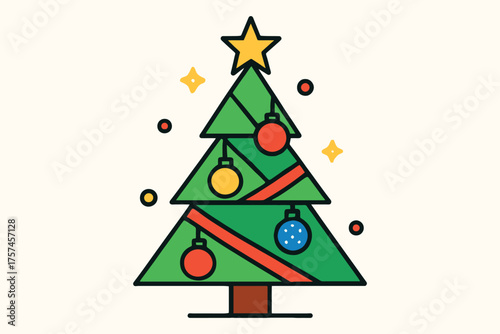 Festive green christmas tree decorated with ornaments and a star topper