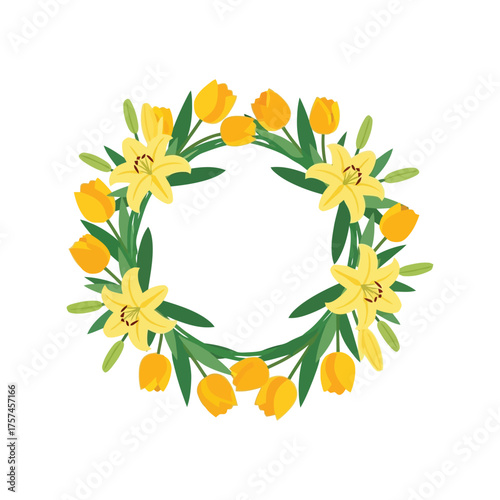 Vibrant yellow tulip daffodil spring flower wreath festive seasonal decoration isolated graphic vector