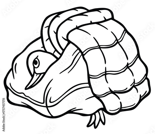 A charming black and white line art illustration of a cute little bird, possibly a duckling, sleeping soundly and cozily under a warm, puffy down comforter or quilt