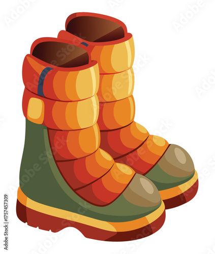 A pair of illustrated winter boots designed for cold weather, offering warmth and protection for outdoor activities like hiking and snow sports, depicted with colorful, insulated design details