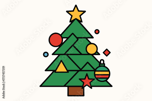 Stylized flat design christmas tree with geometric ornaments and star topper