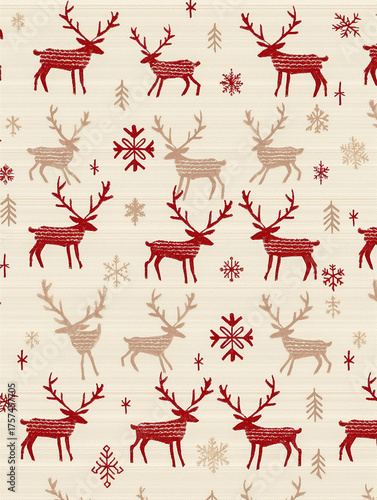 Festive pattern featuring reindeer, trees, and snowflakes in vibrant colors, creating a cheerful holiday atmosphere, perfect for seasonal designs and decorations