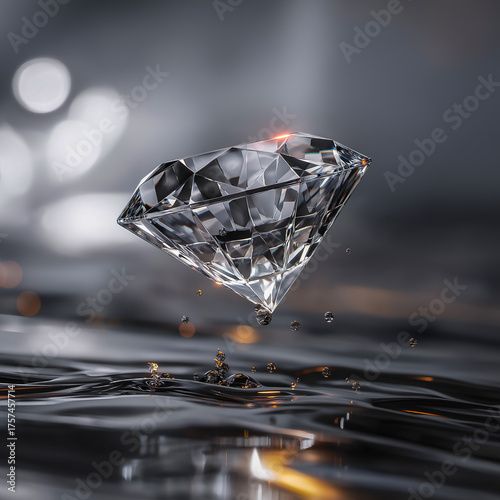 Minimalist 3D render of a single, perfect qubit represented as a floating, multifaceted diamond, suspended over a surface of liquid mercury.