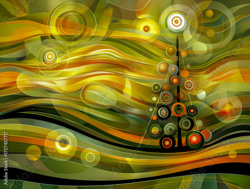 Retro funk Christmas illustration of a stylized Christmas tree with abstract shapes, gradient background in mustard yellow, avocado green and burnt orange, 1970s vibe, digital art