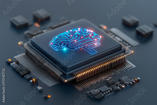 Conceptual illustration of a human brain neural network seamlessly transforming into a quantum processor chip.