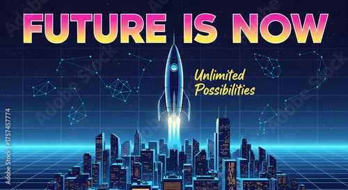Retro futuristic design featuring a rocket launching from a cityscape with the text 