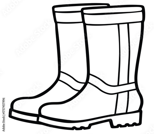 Simple black and white illustration of a pair of wellington boots, ideal for outdoor activities, gardening, or rainy weather, providing protection and comfort
