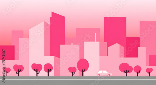 A stylized illustration of a cityscape with buildings, trees, and a car, all rendered in shades of pink.