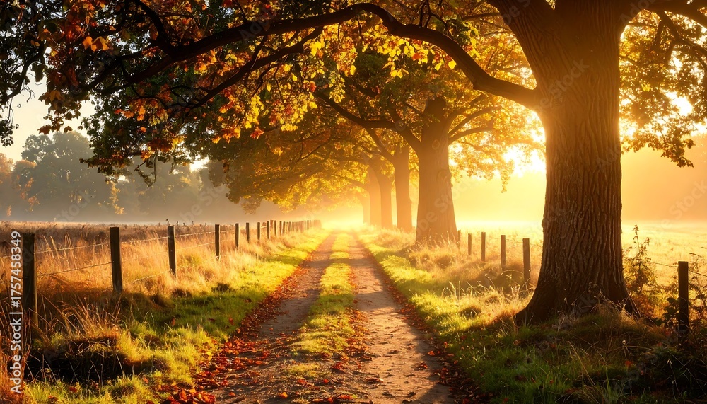 Fototapeta premium Golden sunlight filters through trees lining a peaceful path in autumn, creating a tranquil atmosphere at sunrise