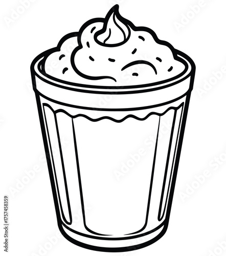 Refreshing illustrated cold beverage in a tall cup topped with creamy whipped cream and a straw, perfect for a sweet treat or a quick pick-me-up during any season, featuring clean line art design