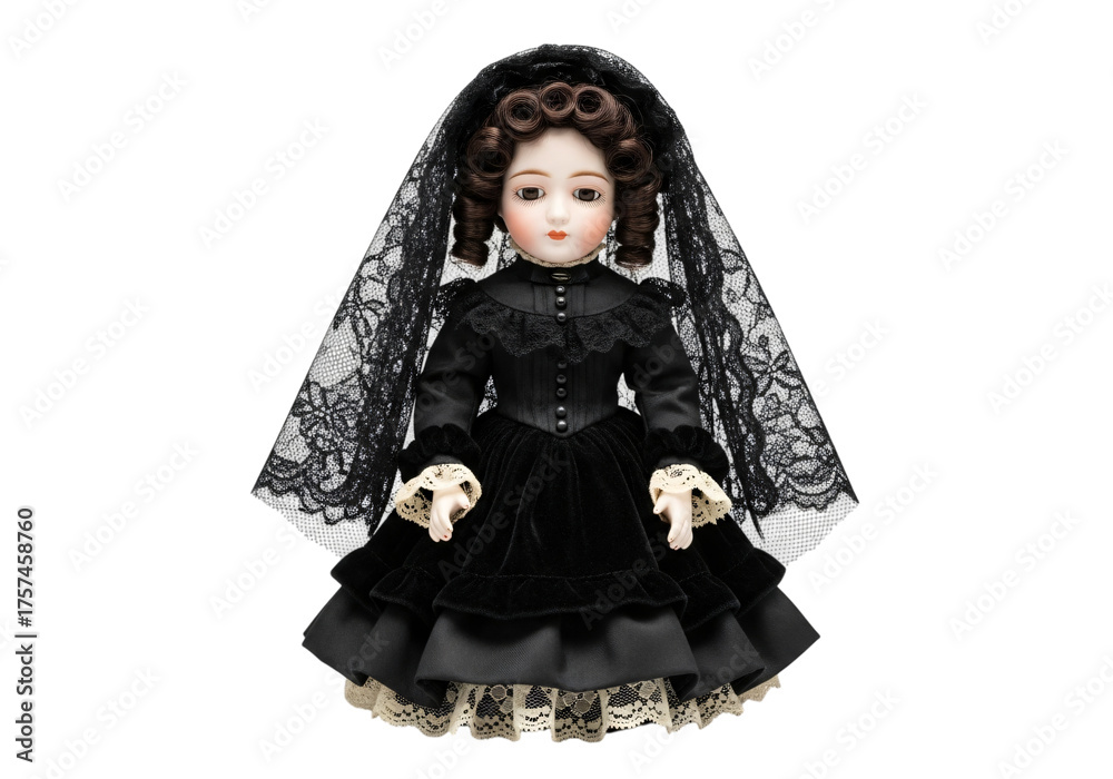 Naklejka premium Antique victorian doll dressed in a black mourning gown and veil, isolated on transparent background