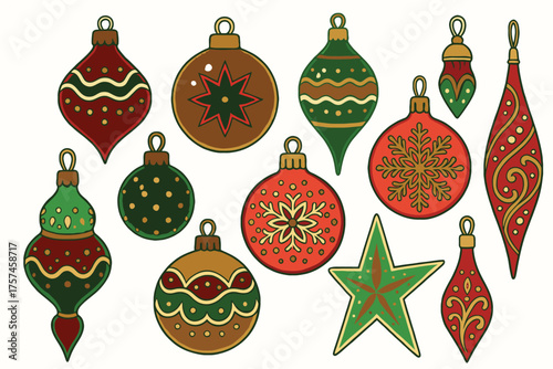Collection of vintage christmas ornaments in various shapes and festive colors arranged on a white background