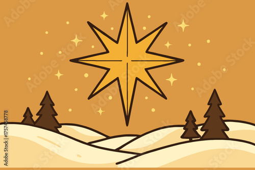 Golden star of bethlehem shines over snowy winter landscape with pine trees