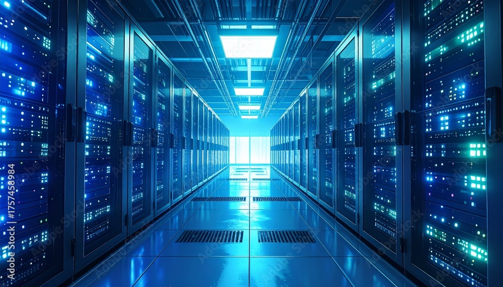 Obraz premium Illuminated network server room at data center